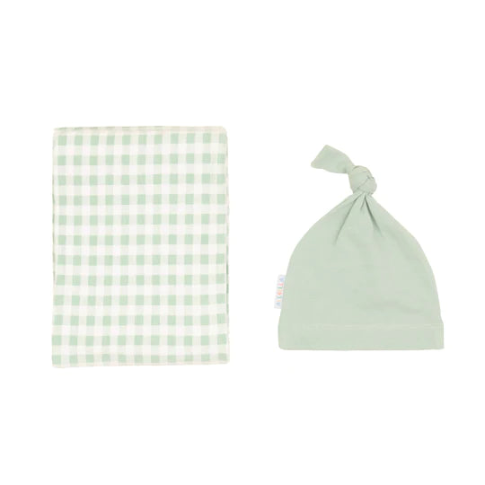 All 4 Ella Jersey Wrap & Beanie Set Gingham Sage