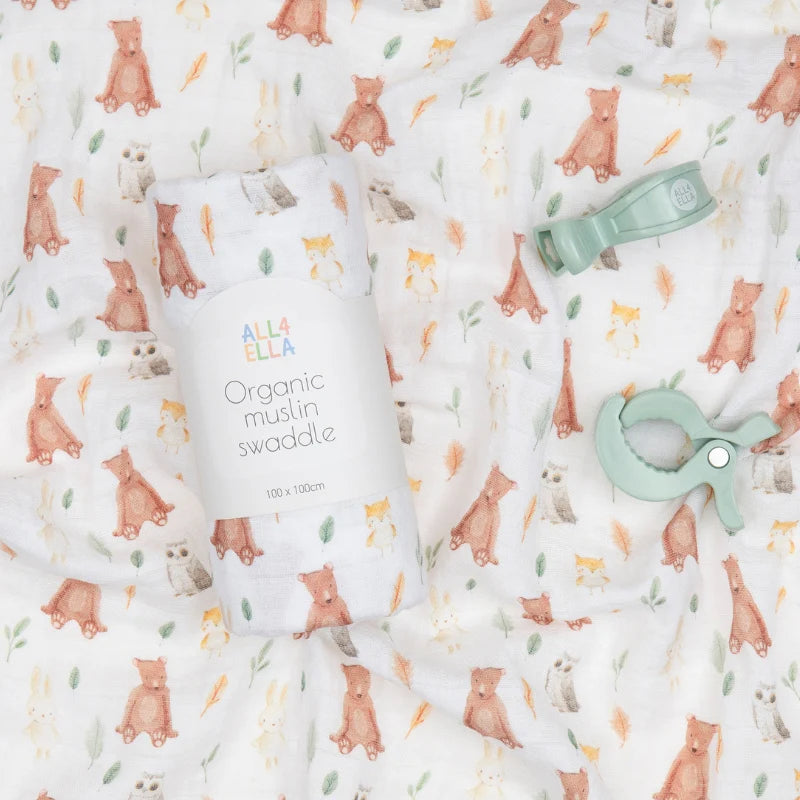 All 4 Ella Muslin Wrap & Pram Peg Set Forest Friends