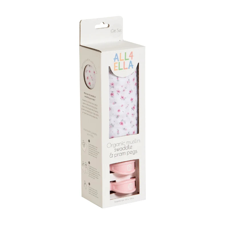 All 4 Ella Muslin Wrap & Pram Peg Set Pink Petals