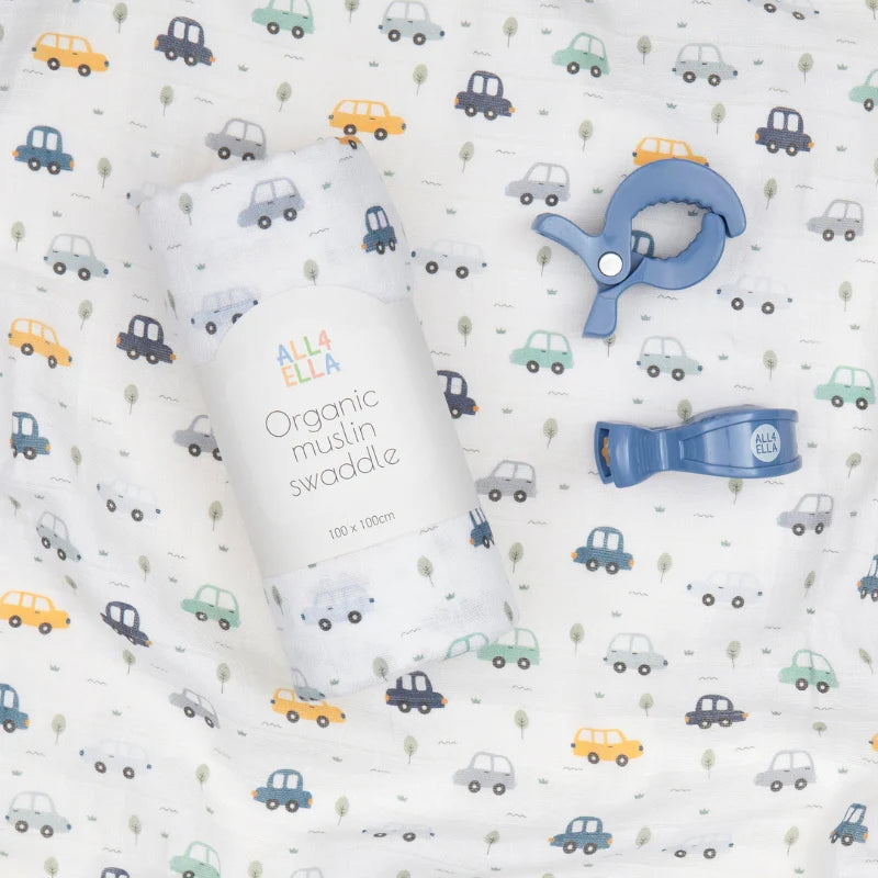 All 4 Ella Muslin Wrap & Pram Peg Set Beep Beep