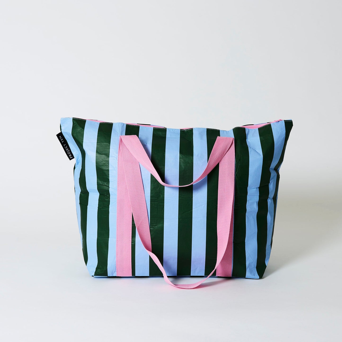 Project Ten Green and Blue Stripe Medium Zip Tote