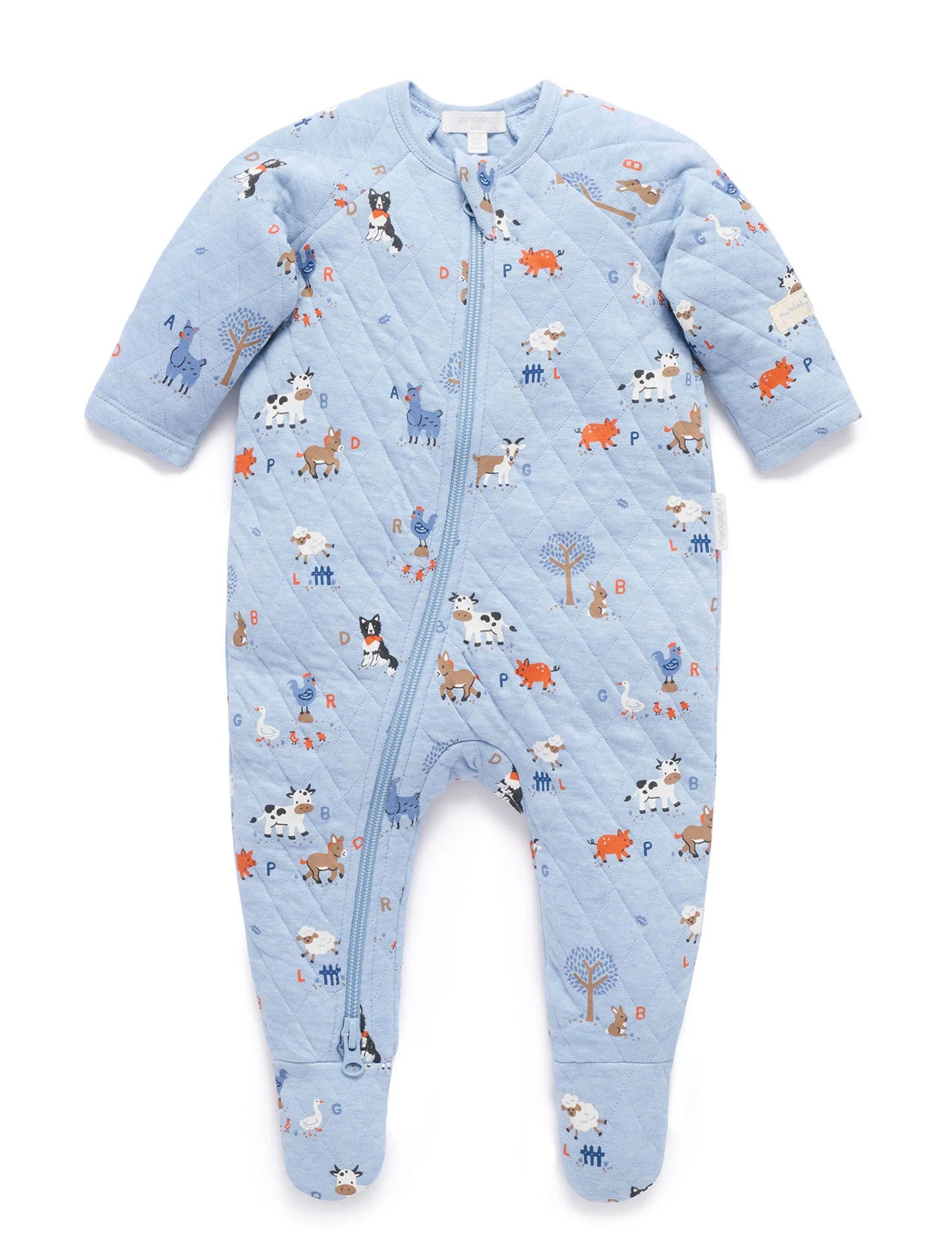 Purebaby Quilted Growsuit Farm Alphabet Blue