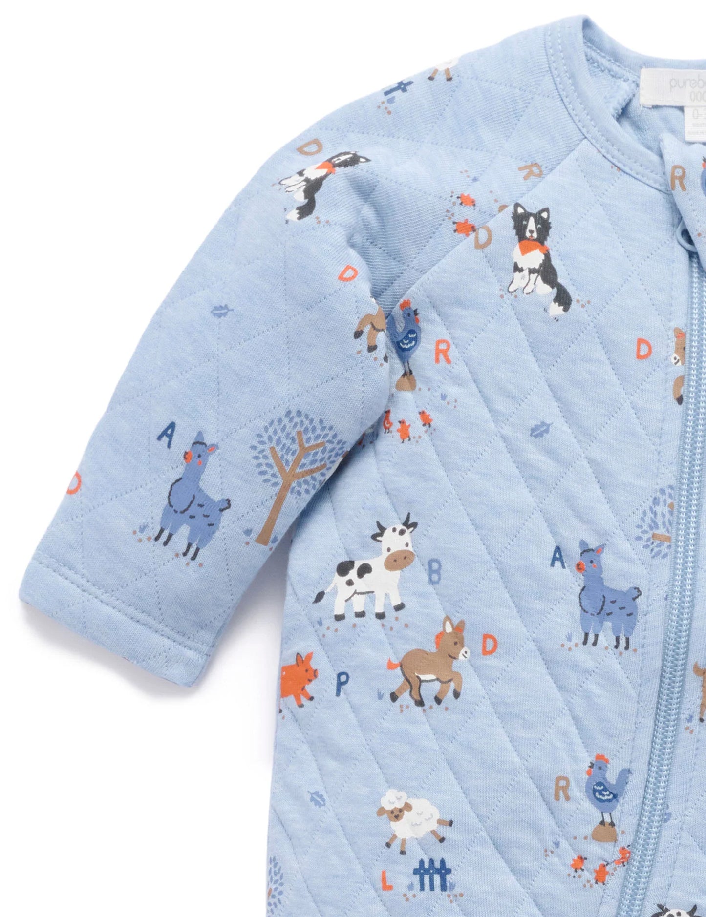Purebaby Quilted Growsuit Farm Alphabet Blue