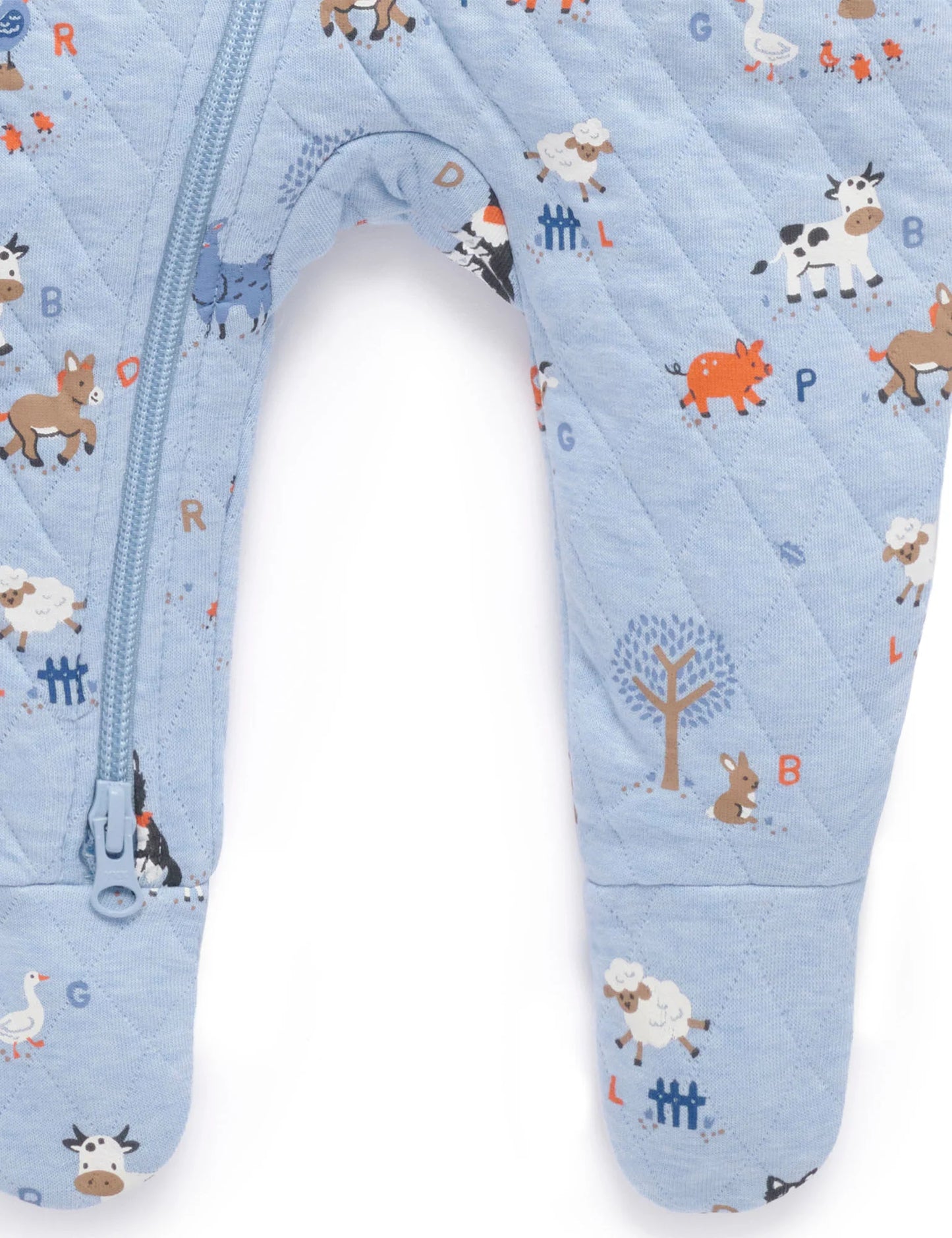 Purebaby Quilted Growsuit Farm Alphabet Blue