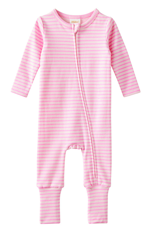 Milky Tickled Pink Stripe Zip Romper
