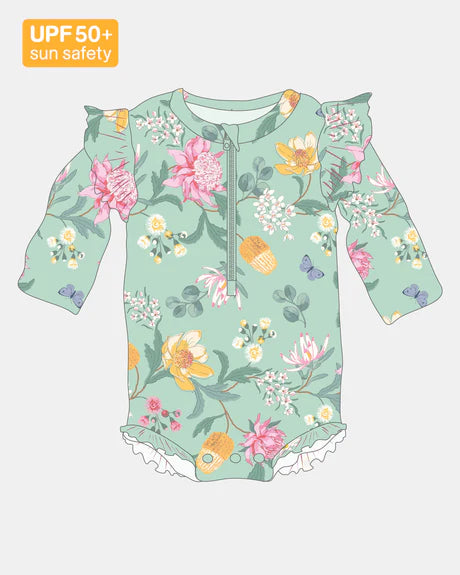 Toshi Swim Onesie Long Sleeve Ripple Waratah Mint