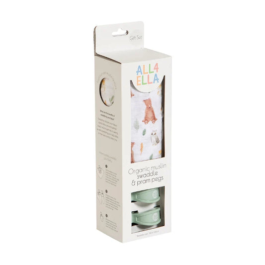 All 4 Ella Muslin Wrap & Pram Peg Set Forest Friends