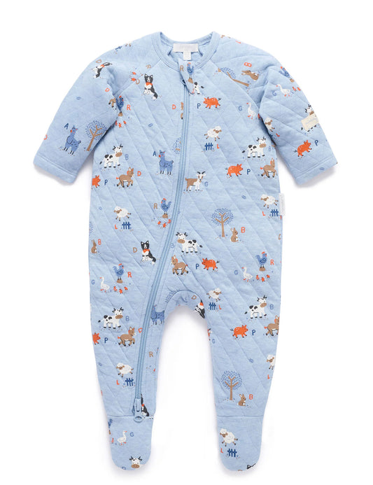 Purebaby Quilted Growsuit Farm Alphabet Blue