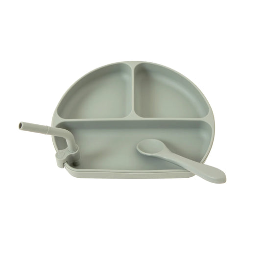 All 4 Ella Silicone Plate with Straw & Spoon - Olive